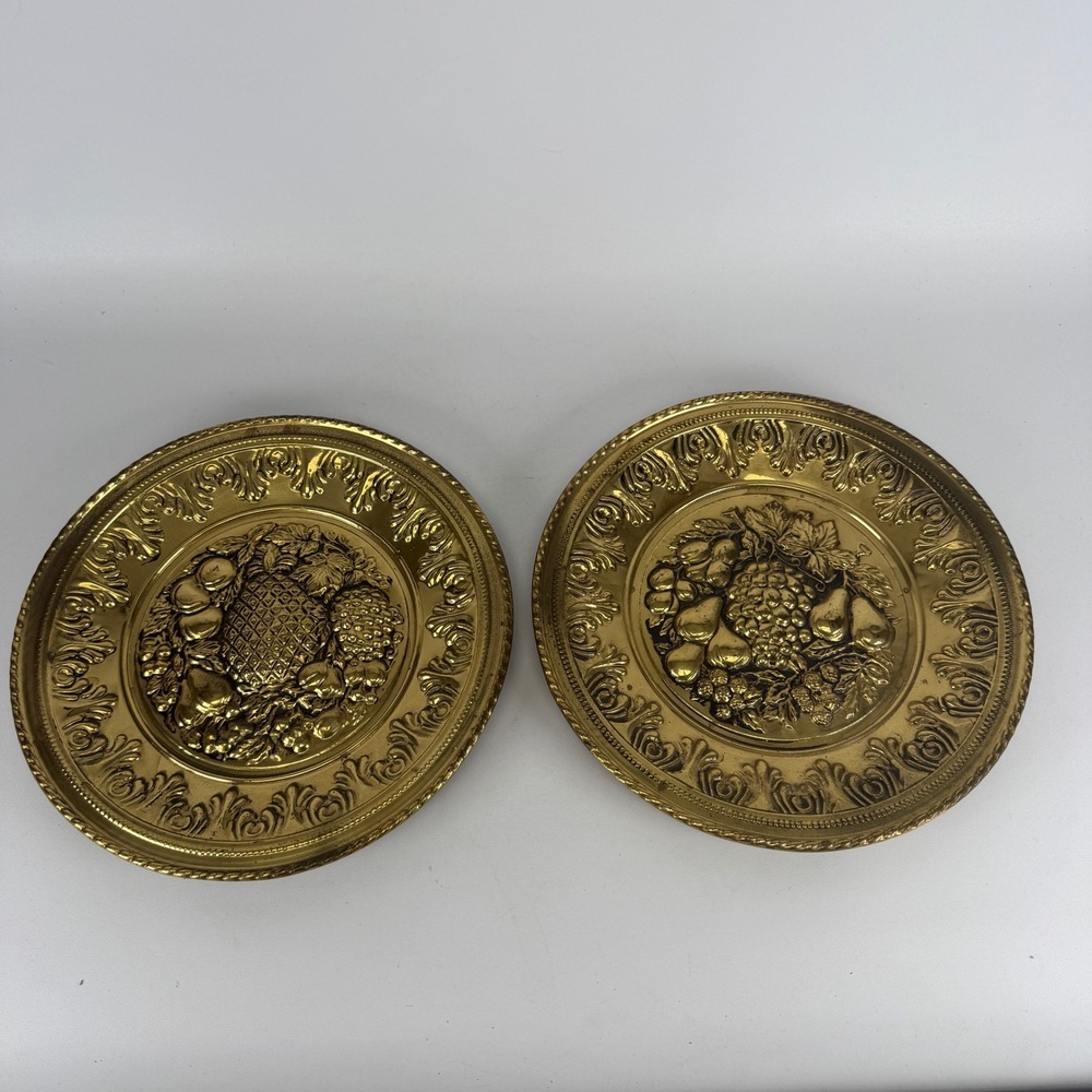 Vintage Brass Fruit Wall Hanging Plates Set of 2 Pineapple Grapes Pears 12 Inch